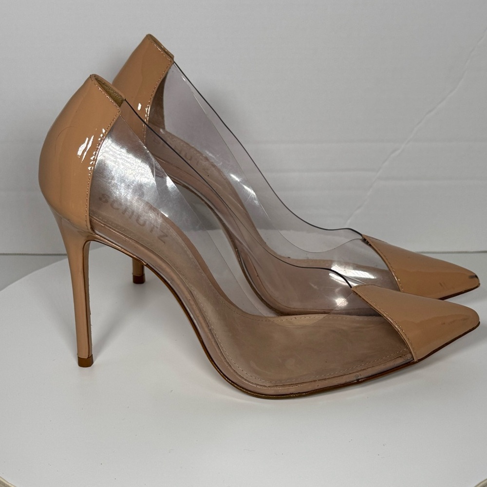 Schutz Cendi Pumps Size 8.5 Stilleto Pointed Toe Clear Vinyl and Patent Leather